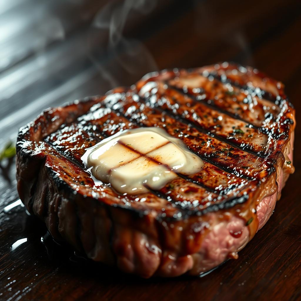 An ultra realistic close-up of a beautifully cooked, sizzling juicy steak featuring perfect grill marks