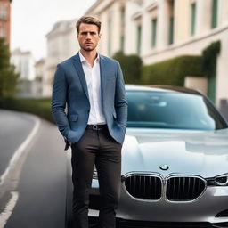 A confident young man, dressed in a stylish business casual outfit, firmly gripping the wheel of a luxurious BMW vehicle, his eyes focused on the road ahead.