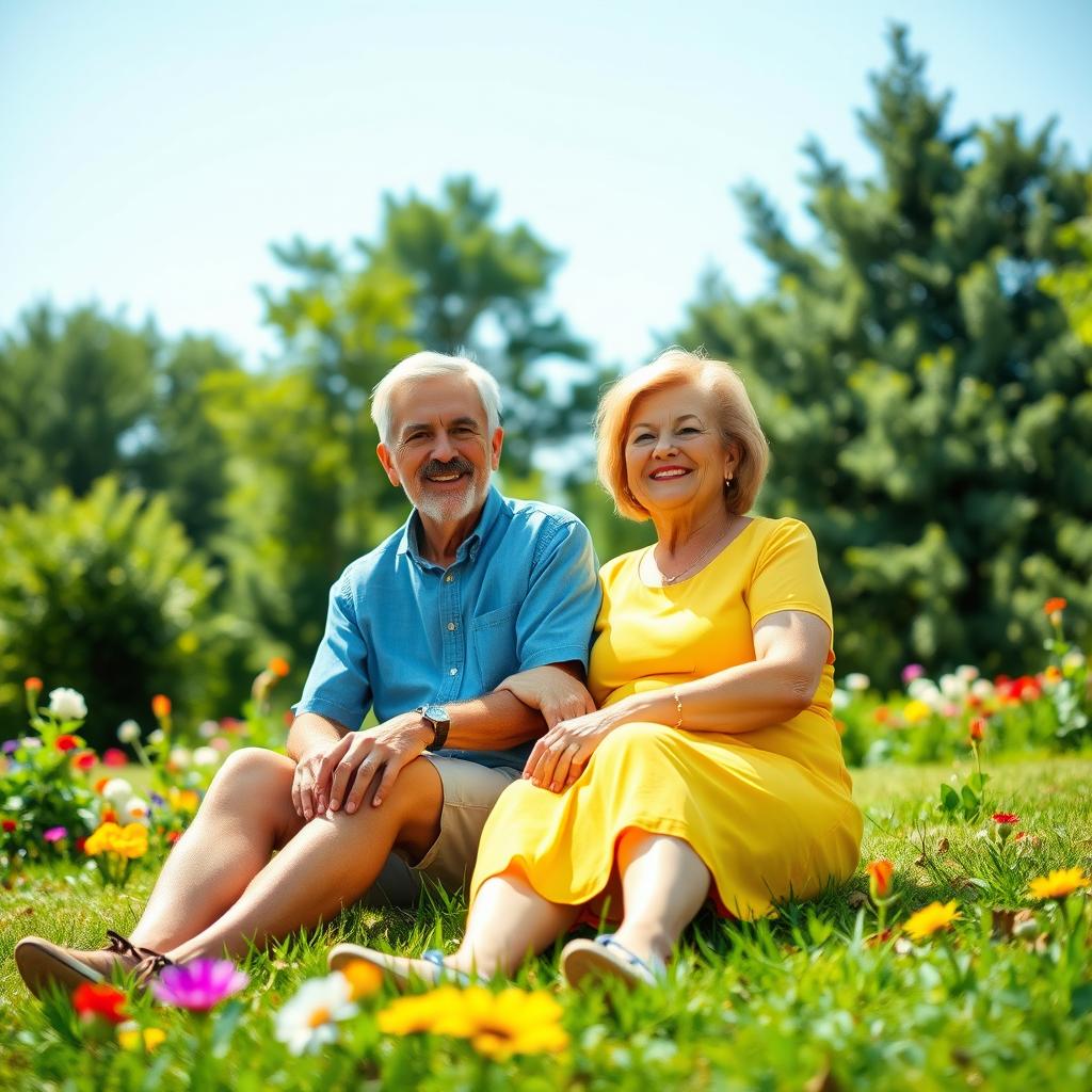 A serene outdoor scene depicting a middle-aged couple enjoying nature