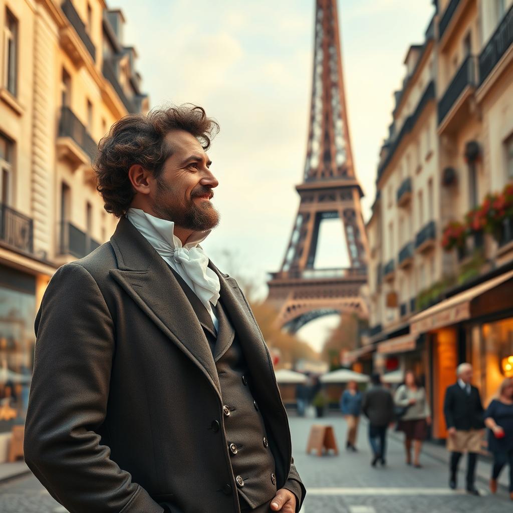 Alexander Pushkin, the famous Russian poet, depicted in Paris near the iconic Eiffel Tower
