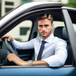 A confident young man, dressed in a stylish business casual outfit, firmly gripping the wheel of a luxurious BMW vehicle, his eyes focused on the road ahead.