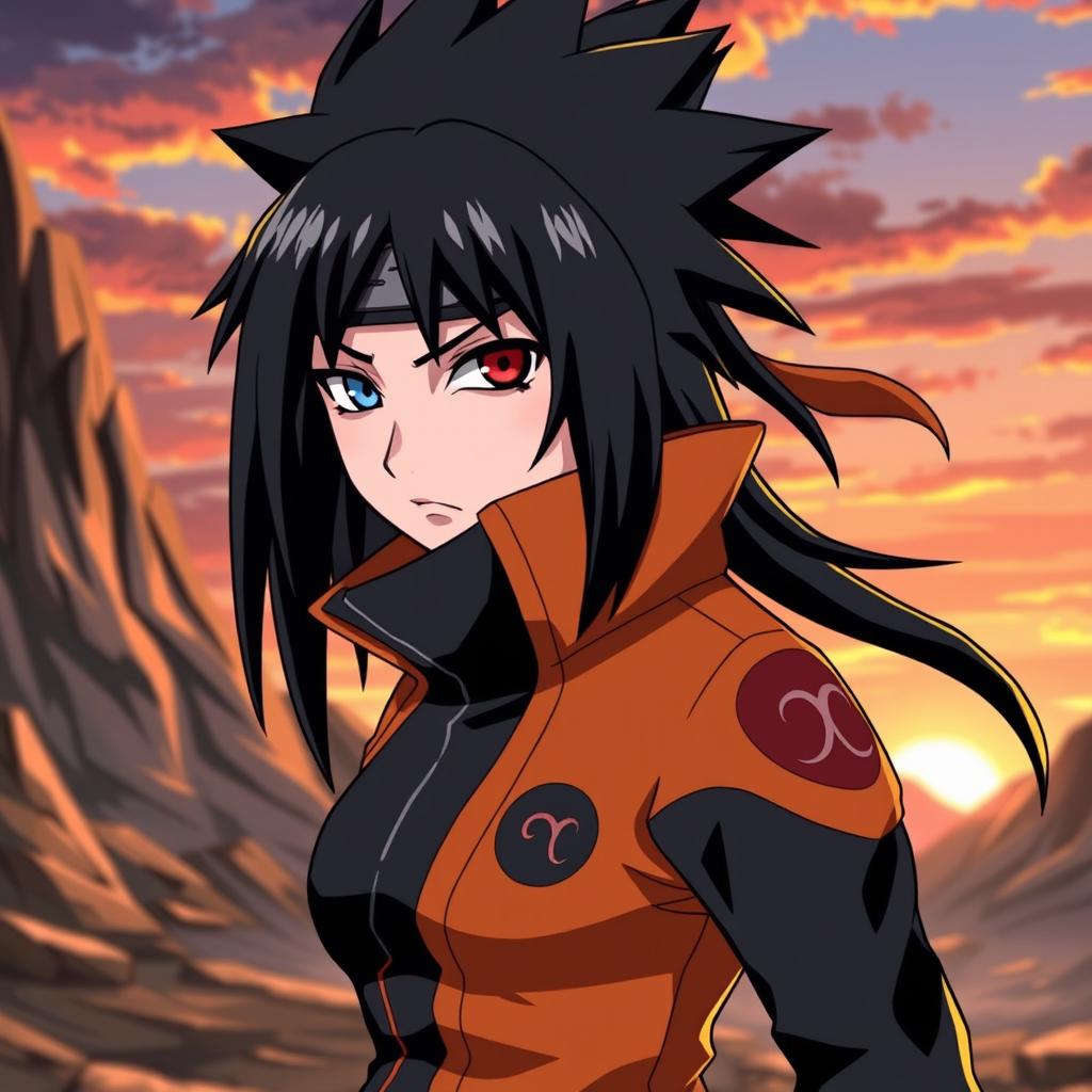 A female version of Obito Uchiha from Naruto, depicting her with long, dark spiky hair, wearing a stylish and modernized version of his ninja outfit, which includes a black and orange color scheme