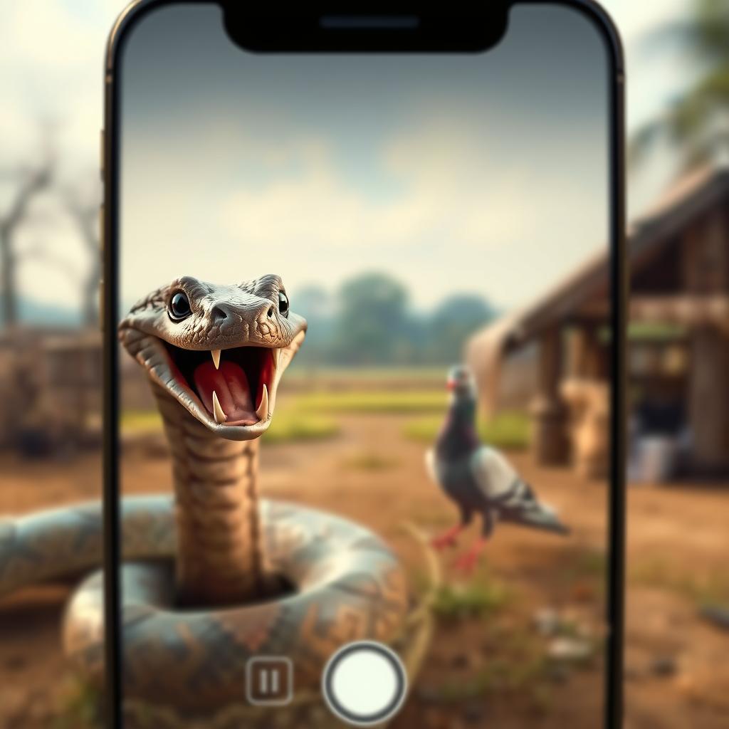 A large, animated snake with a menacing expression, mouth open wide showcasing sharp teeth, poised in the foreground