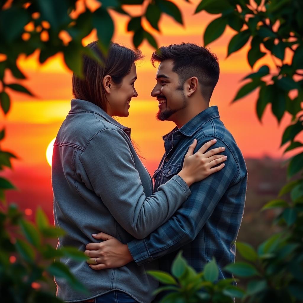 A romantic scene featuring a couple, embraced in a loving pose, surrounded by a beautifully vibrant sunset