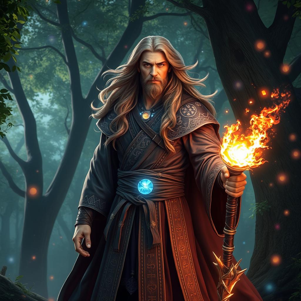 A powerful human sorcerer standing confidently in a mystical forest, adorned in intricate robes with glowing runes