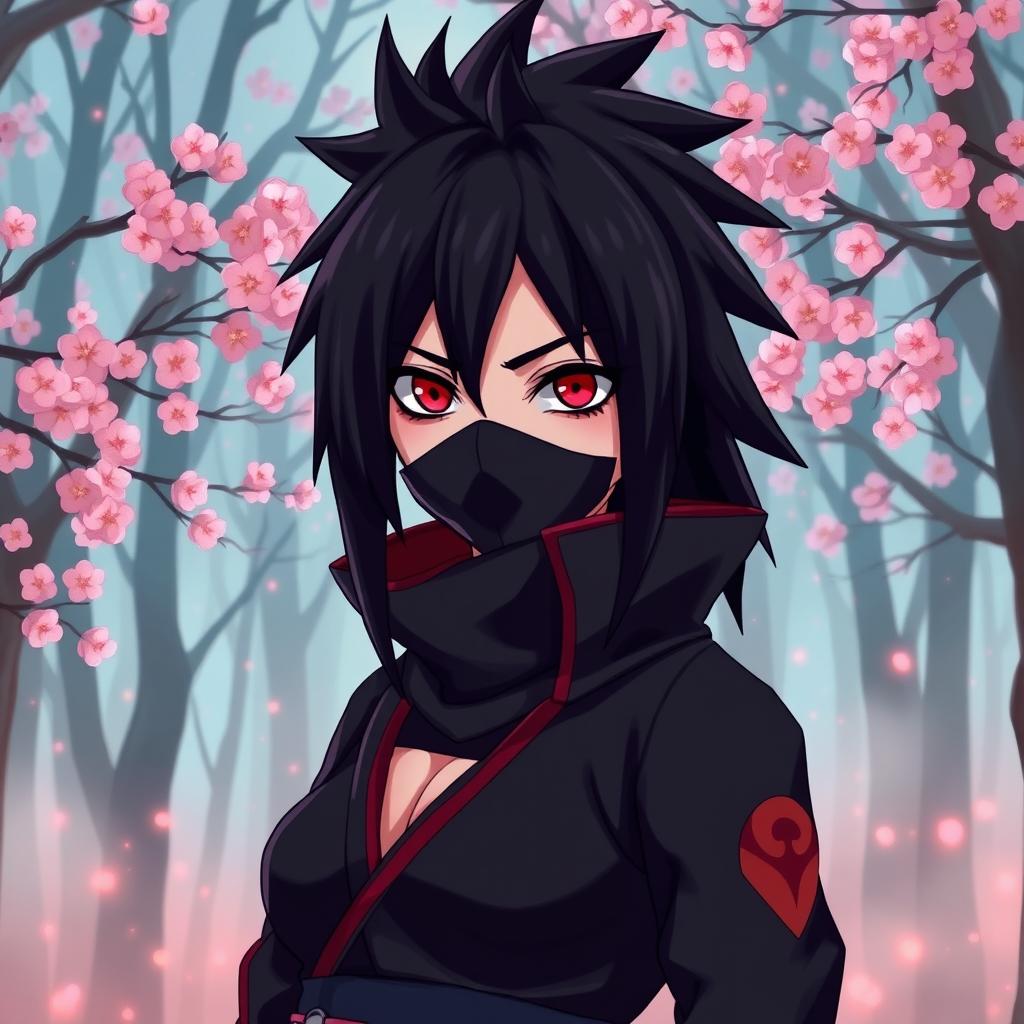 A female version of Obito Uchiha, reimagined with striking features: long, dark spiky hair and captivating eyes showcasing the Uchiha Sharingan