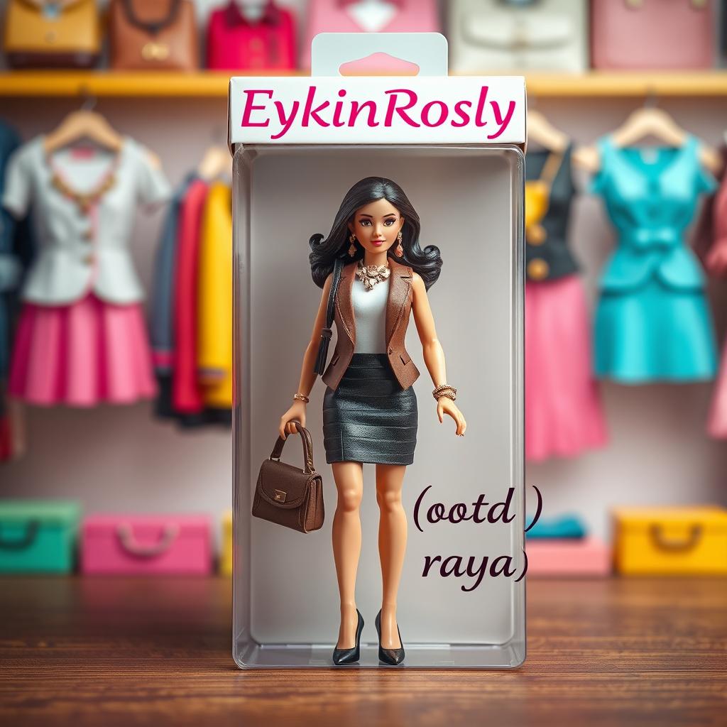 A realistic visualization of a toy action figure resembling a stylish adult person, complete with accessories such as a beautiful brooch, a fashionable bag, elegant heels, and a sleek watch