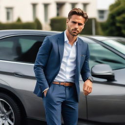 A confident young man, dressed in a stylish business casual outfit, firmly gripping the wheel of a luxurious BMW vehicle, his eyes focused on the road ahead.