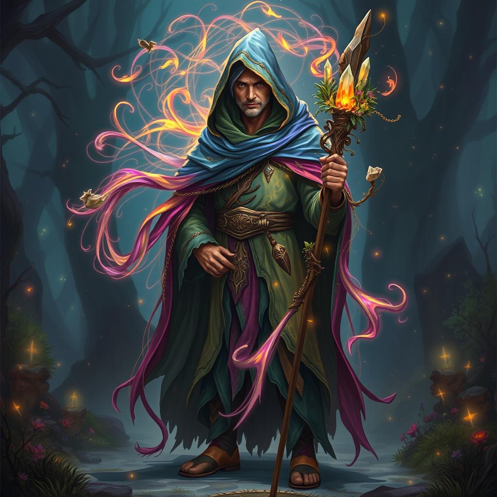 A full body image of a Human Wild Magic Sorcerer with an intricate, hooded cloak swirling with vibrant colors and mystical energy