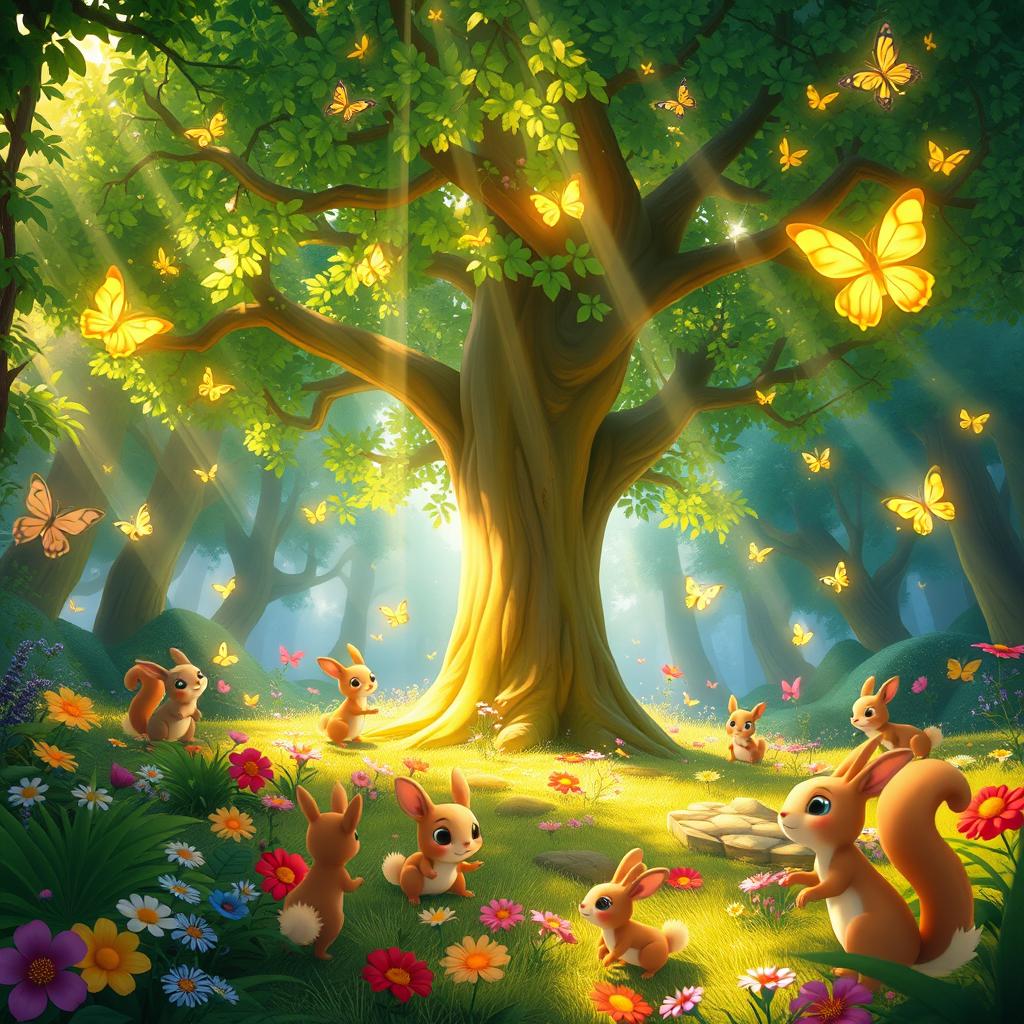 A vibrant animated scene featuring a magical forest with lush greenery, colorful flowers, and glowing butterflies fluttering about