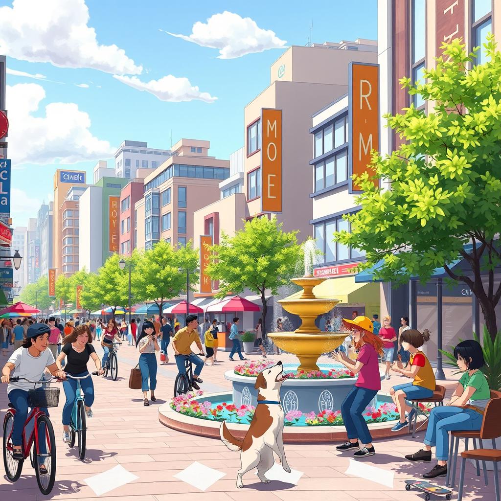 A vibrant animated scene depicting a bustling city street filled with diverse characters and activities during the daytime