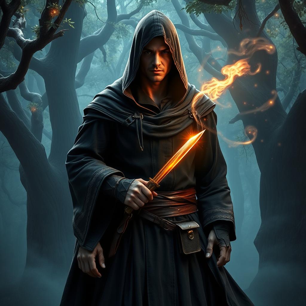 A hooded sorcerer standing confidently in a mysterious forest, wearing dark, flowing robes with intricate details and a hood that partially obscures their face
