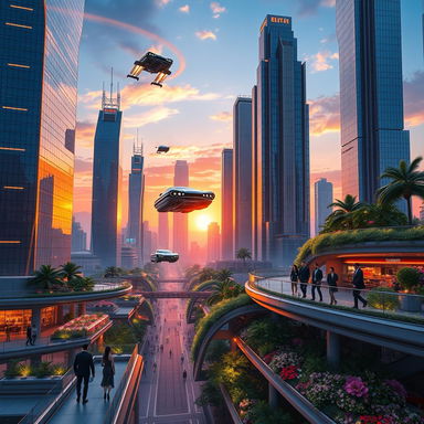 A stunning and surreal digital artwork featuring a futuristic cityscape with towering skyscrapers made of reflective glass and neon lights, a beautiful sunset in the background casting warm oranges and purples across the sky