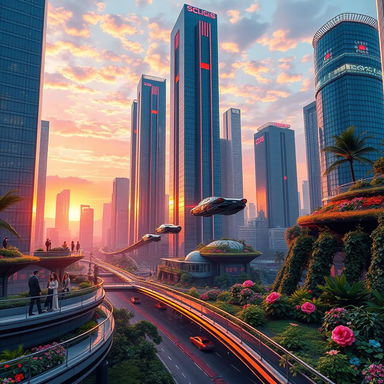 A stunning and surreal digital artwork featuring a futuristic cityscape with towering skyscrapers made of reflective glass and neon lights, a beautiful sunset in the background casting warm oranges and purples across the sky