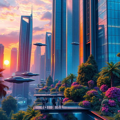 A stunning and surreal digital artwork featuring a futuristic cityscape with towering skyscrapers made of reflective glass and neon lights, a beautiful sunset in the background casting warm oranges and purples across the sky
