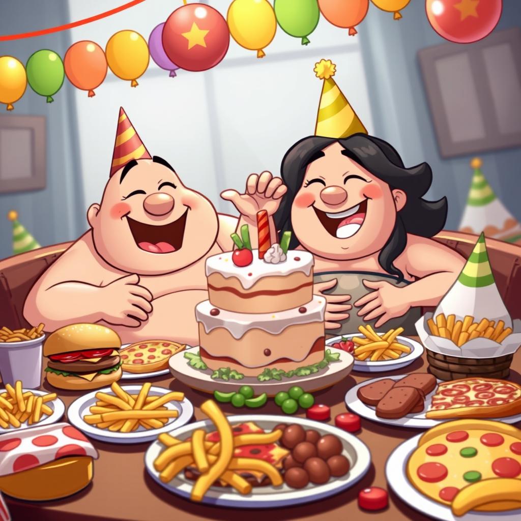 A humorous and lighthearted scene showcasing two cartoon characters enjoying a feast together