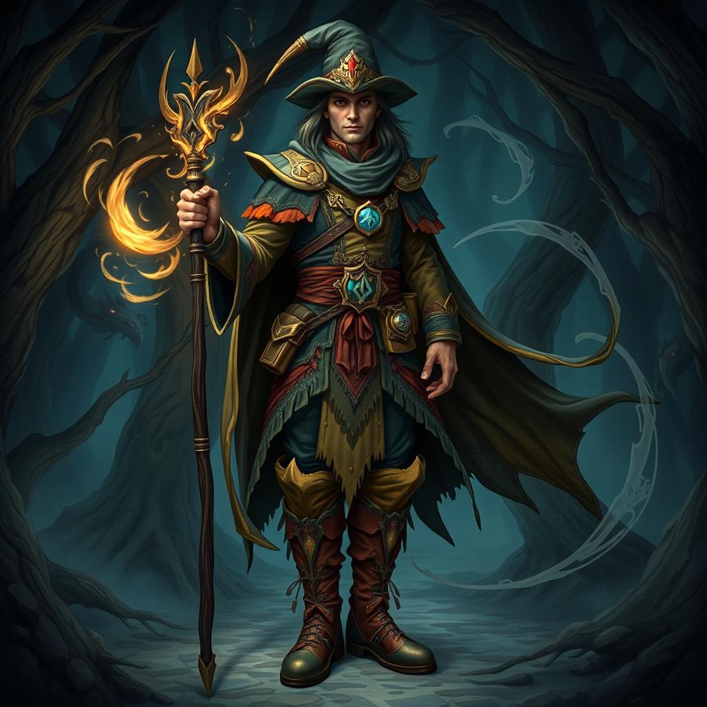 A full-body portrait of a Bandit Sorcerer, showcasing an elaborate costume with rich textures and colors
