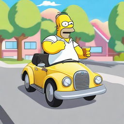 The animated character Homer Simpson, in his signature attire, happily driving a luxurious BMW car along a sunny suburban road.