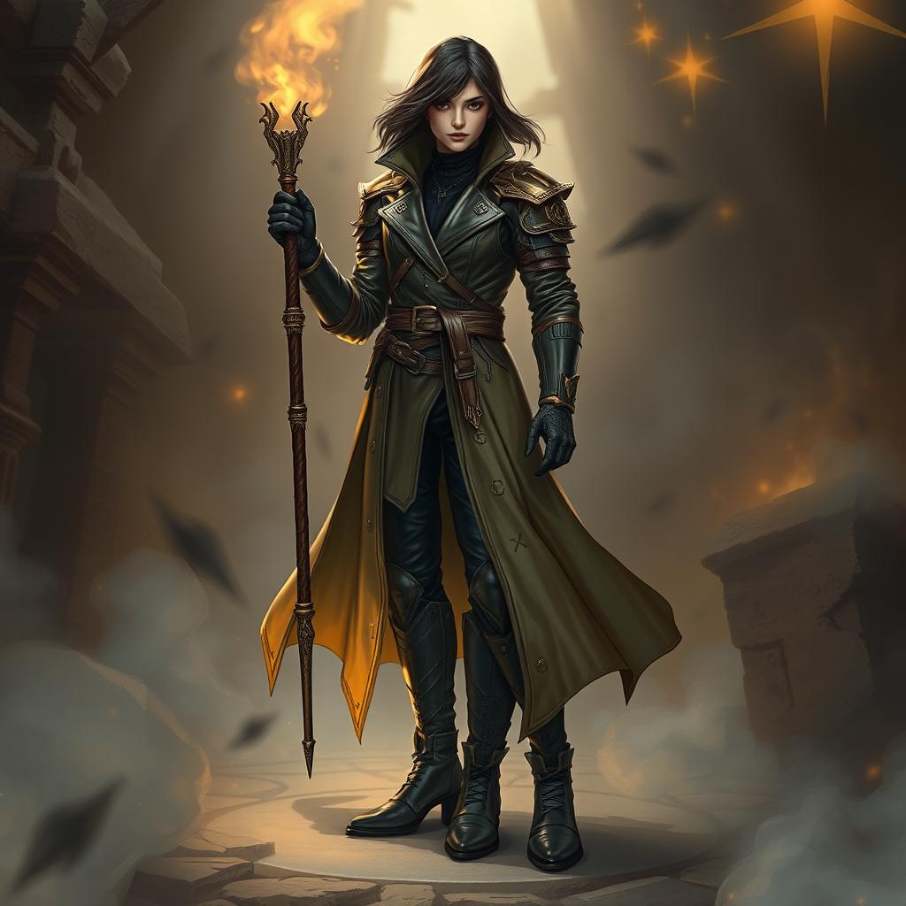 A spellcaster depicted in a full body image, dressed in intricately detailed leather armor with a sleek design