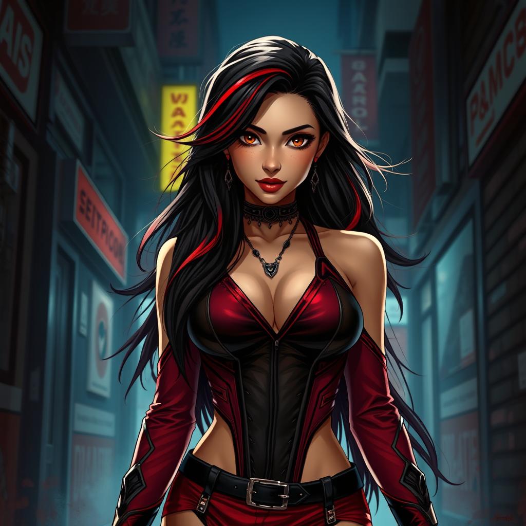 A charismatic Latina woman with mesmerizing brown eyes and long, flowing dark hair featuring eye-catching red highlights