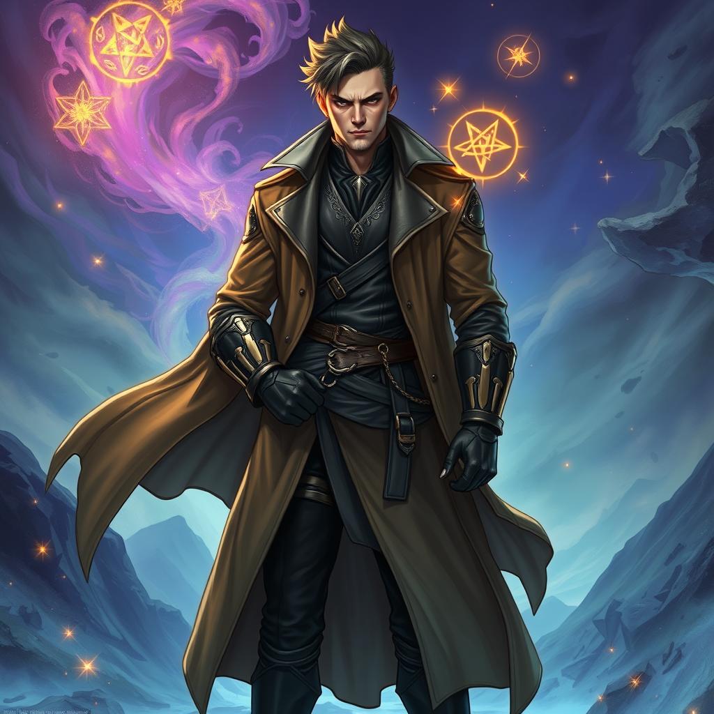 A male spellcaster clad in sleek leather armor, standing confidently in a full body view