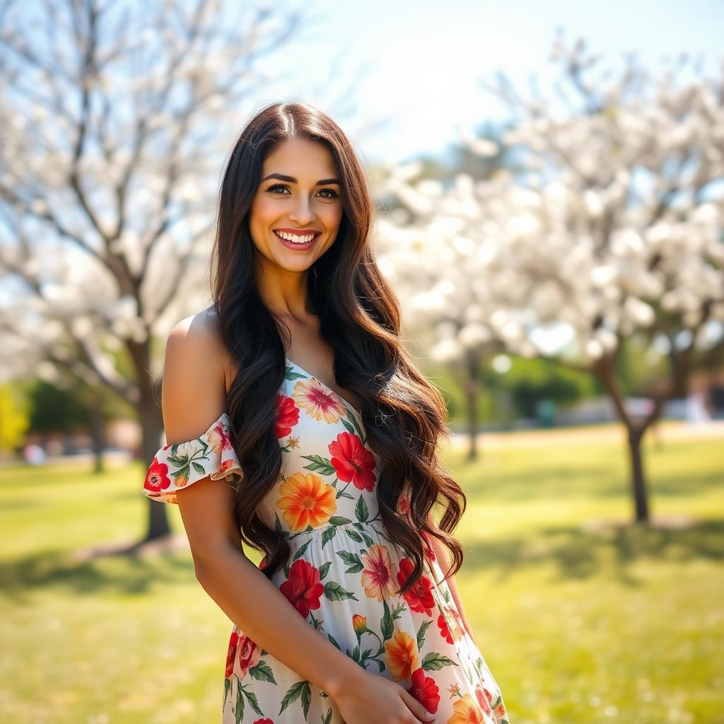 A confident and beautiful woman standing in a sunny park, wearing a flowing summer dress adorned with vibrant floral patterns