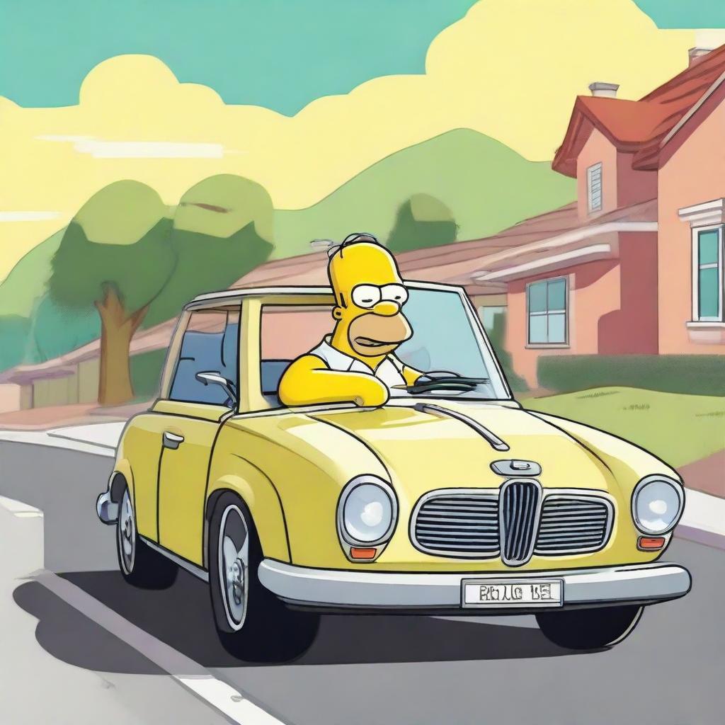 The animated character Homer Simpson, in his signature attire, happily driving a luxurious BMW car along a sunny suburban road.