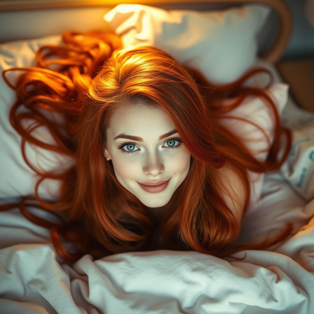 A beautiful red-haired woman lying on a bed, surrounded by soft, fluffy pillows and a cozy blanket
