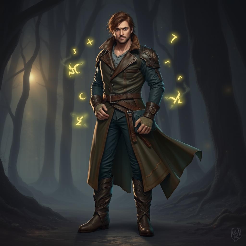 A male spellcaster dressed in rugged leather armor, wearing a long, stylish trench coat that flows behind him