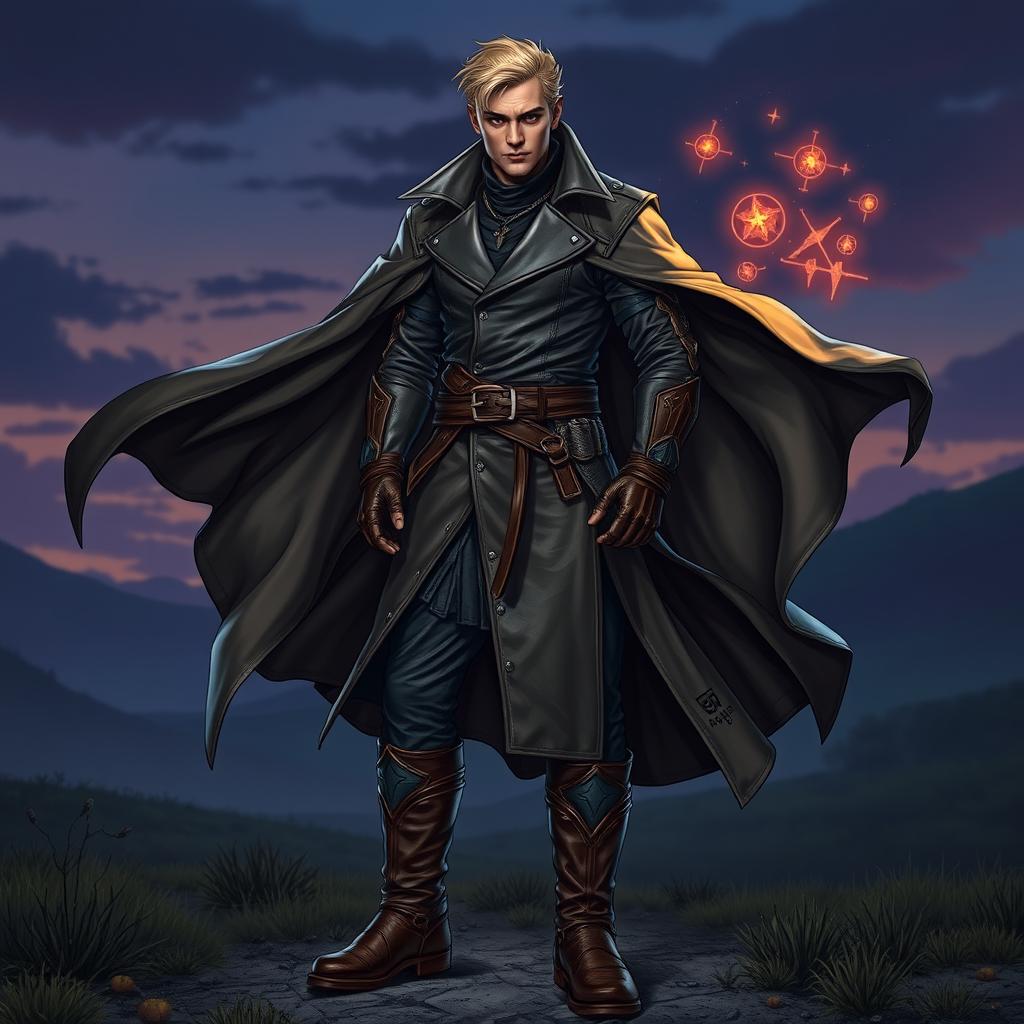 A male sorcerer clad in sleek leather armor, wearing a flowing trench coat that moves dramatically with the wind