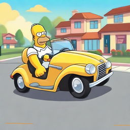 The animated character Homer Simpson, in his signature attire, happily driving a luxurious BMW car along a sunny suburban road.