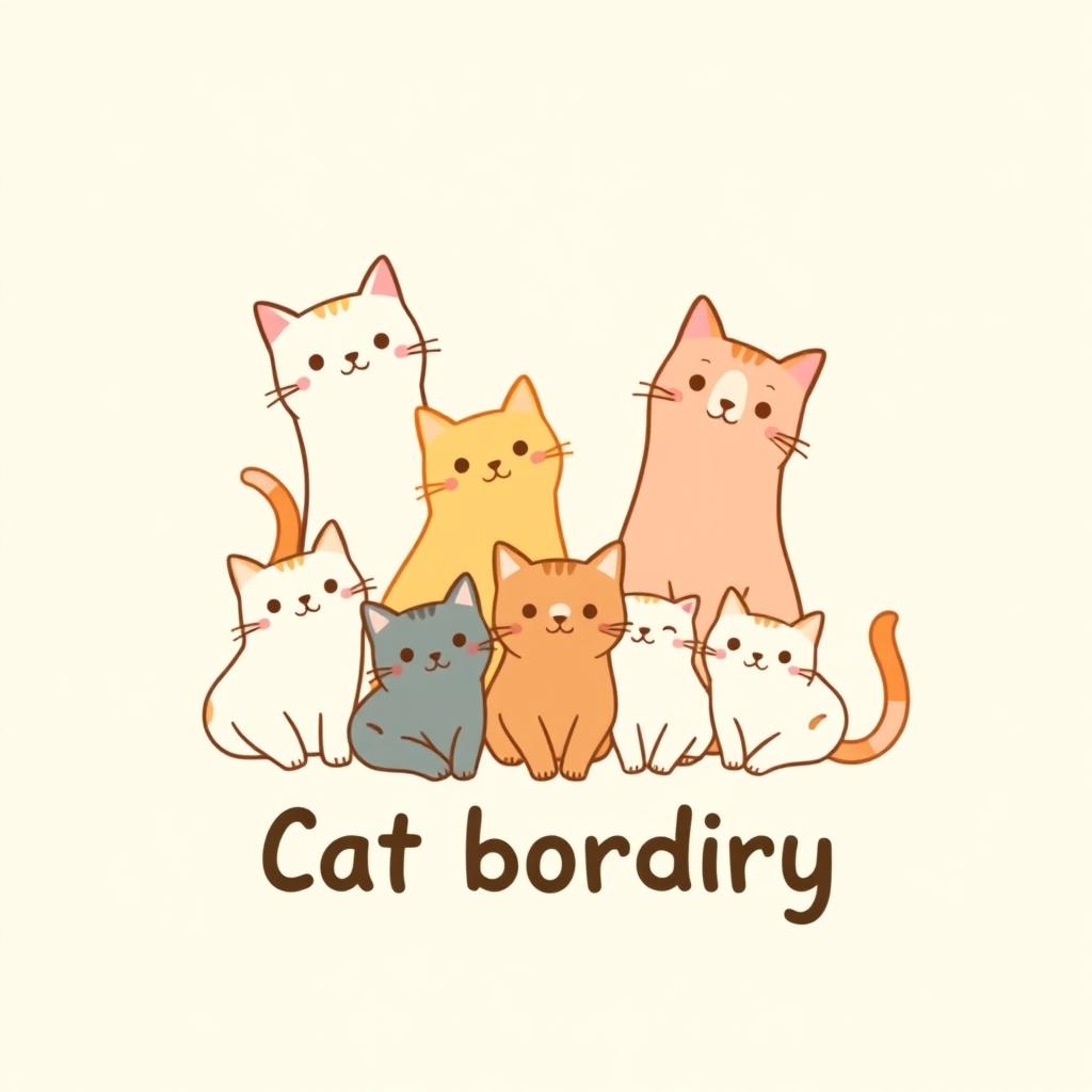 A charming logo design for a cat boarding facility, featuring playful cats in various pastel colors, inspired by the whimsical and endearing style of Studio Ghibli