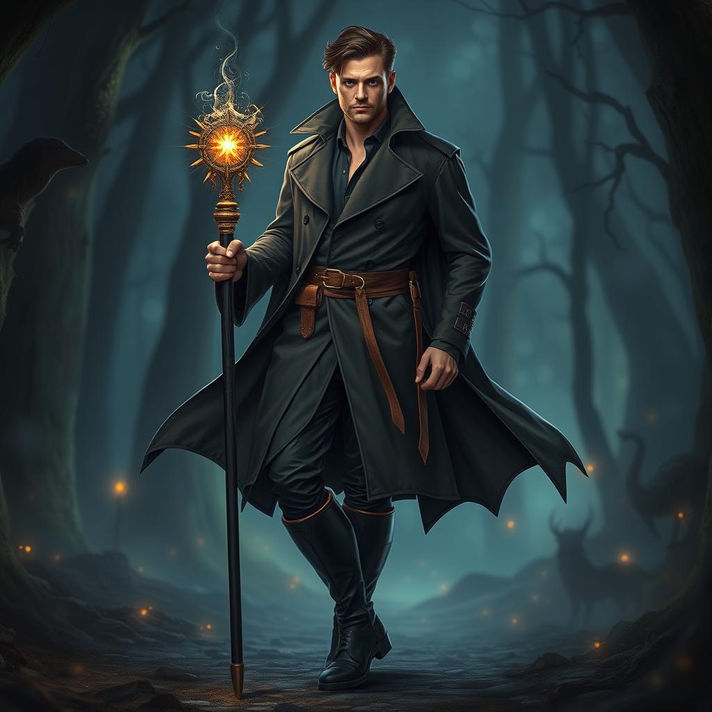 A full-body portrait of a human spellcaster, showcasing a male figure clad in stylish black boots and a flowing trench coat