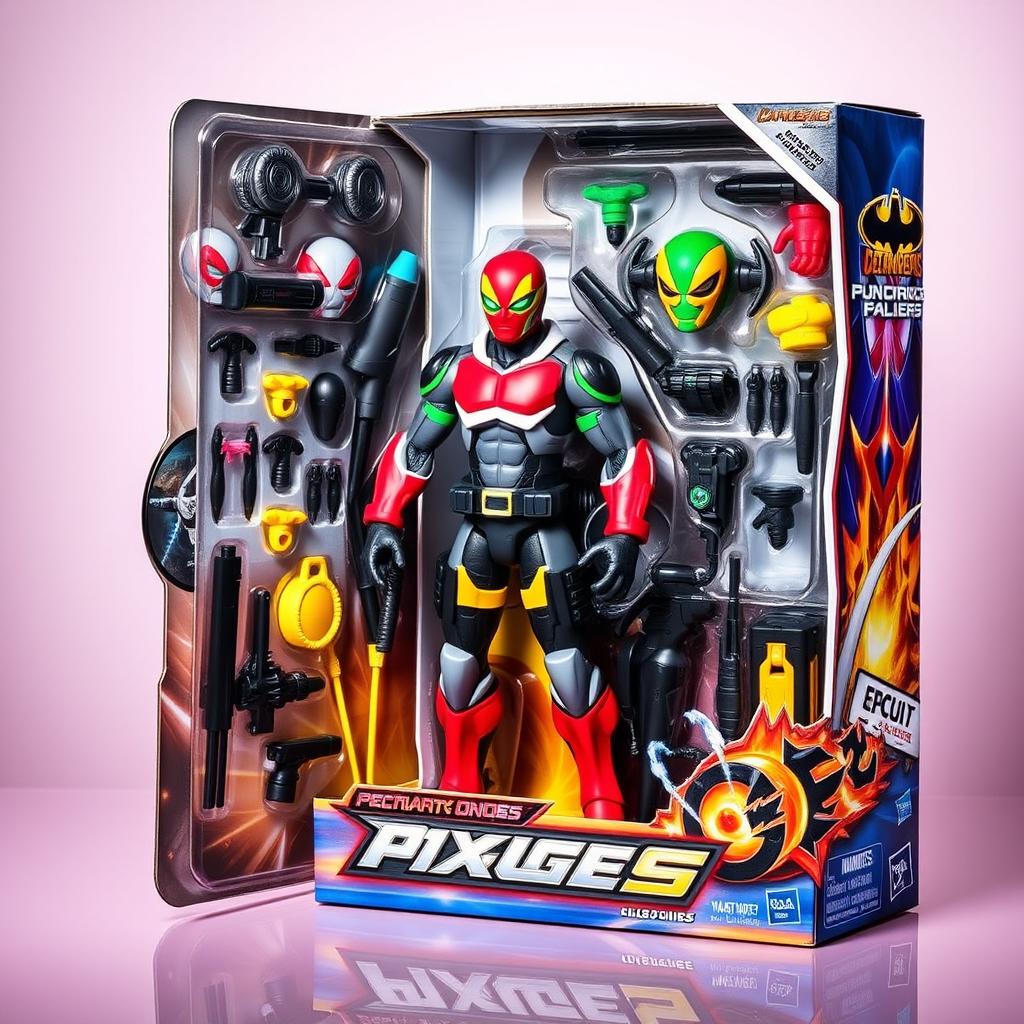 A vibrant action figure displayed inside its original box, showcasing an appealing design