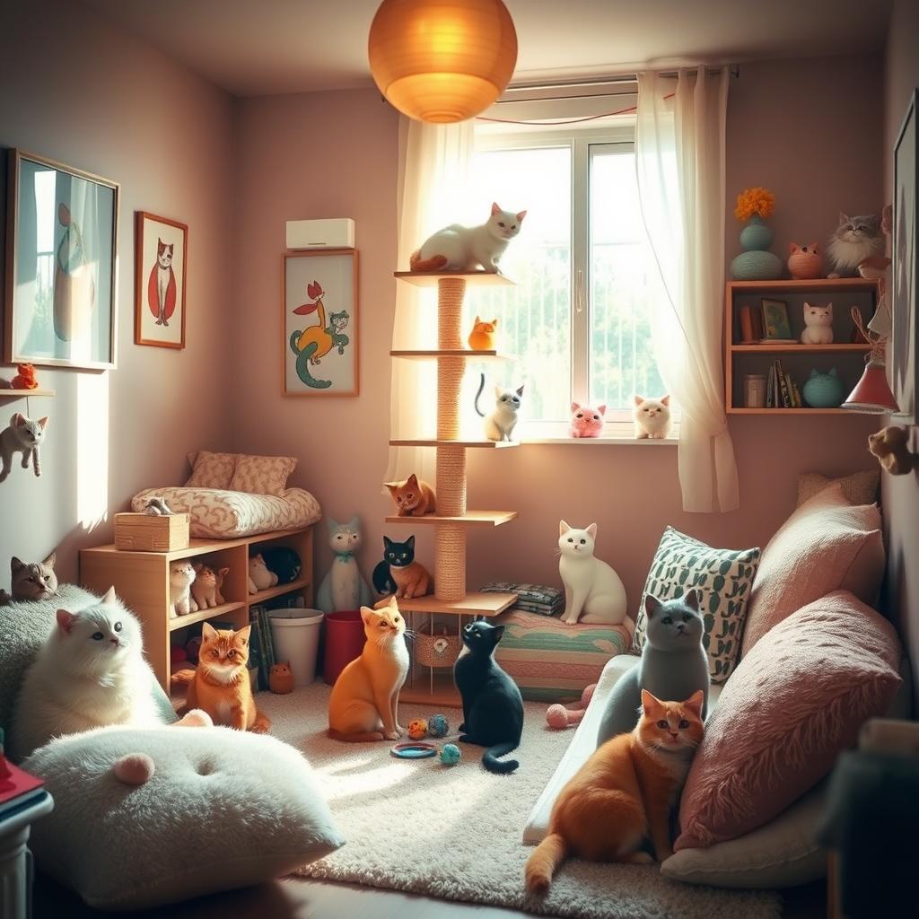 A cozy room designed for cats, featuring a variety of cats in different colors reminiscent of Studio Ghibli's art style