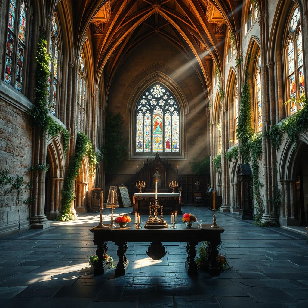 A serene and enchanting scene inside an ancient abbey, with high vaulted ceilings and intricate stone carvings