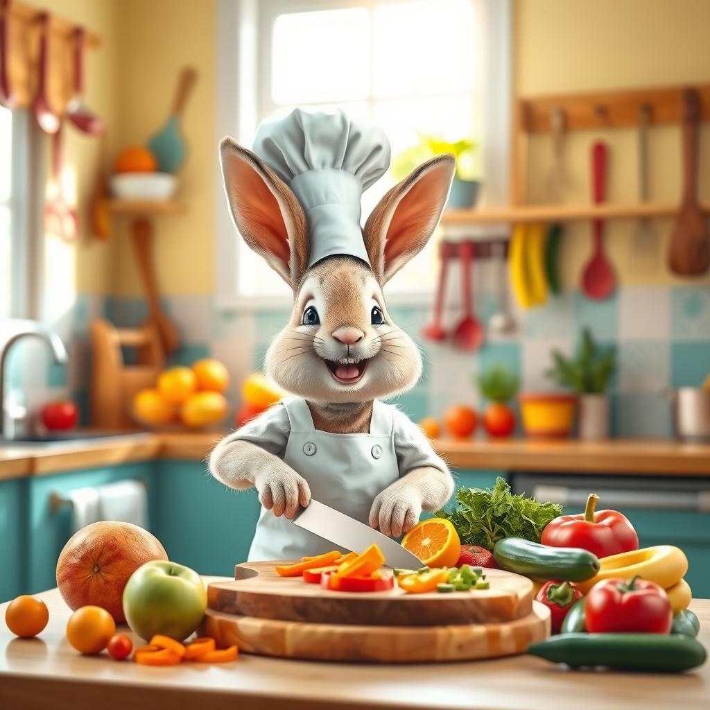 A whimsical chef rabbit in a bright, colorful kitchen, joyfully slicing vibrant fruits and vegetables on a wooden cutting board