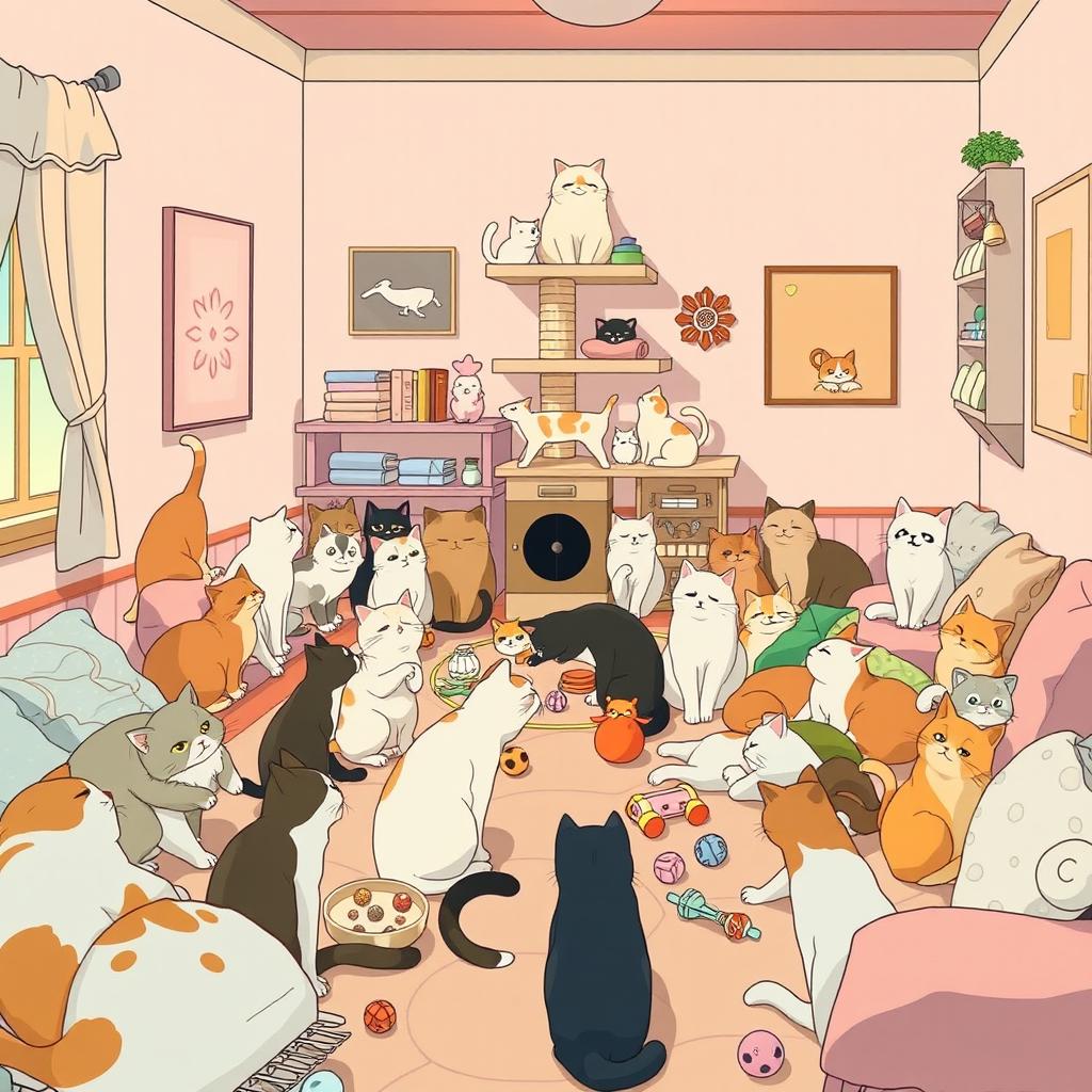 A cozy room filled with cats of different colors in the style of Studio Ghibli