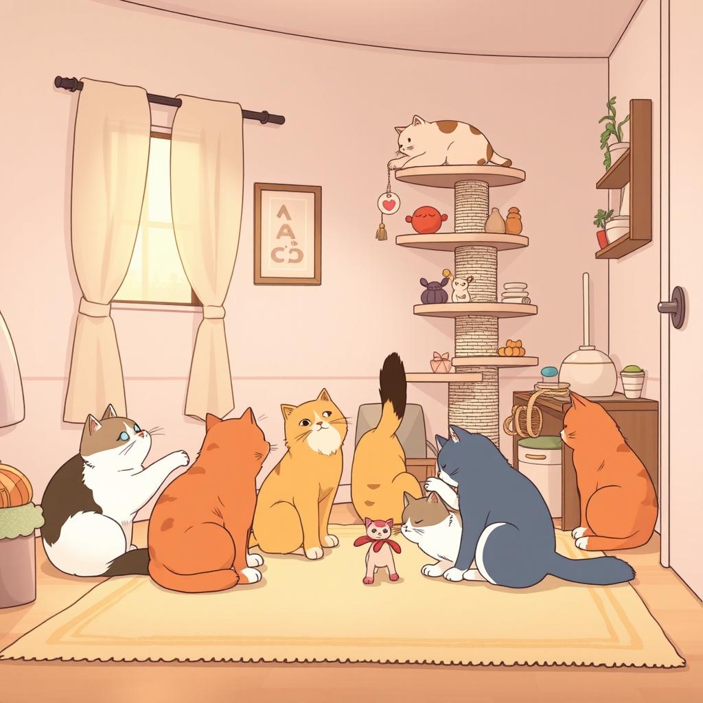 A cozy room designed for cats featuring five cats of different colors in the style of Ghibli animations