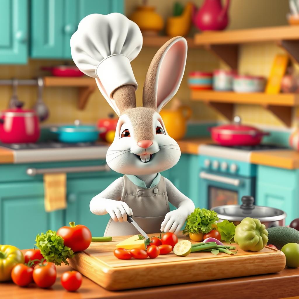 A whimsical 3D rendering of a chef rabbit in a colorful kitchen, wearing a traditional white chef's hat and apron, skillfully preparing an array of fresh vegetables and ingredients on a wooden cutting board