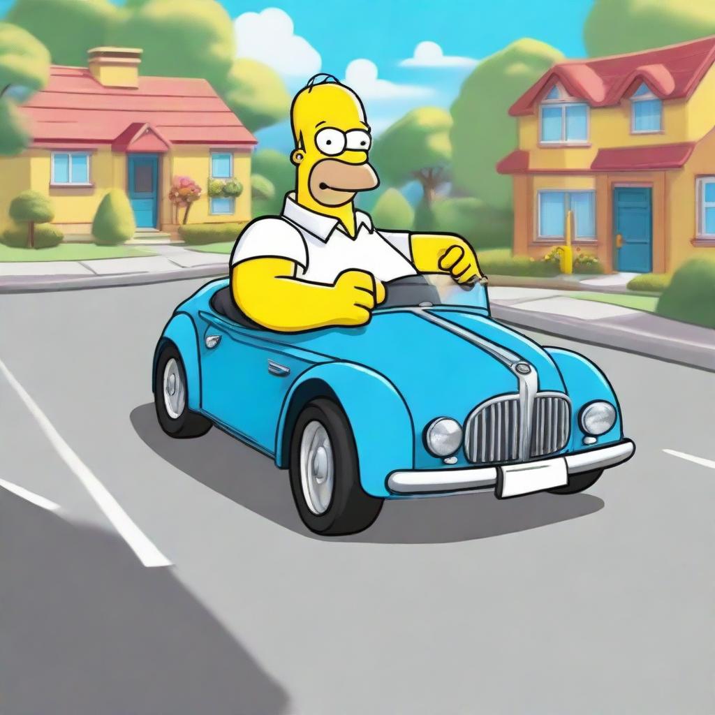 The animated character Homer Simpson, in his signature attire, happily driving a luxurious BMW car along a sunny suburban road.