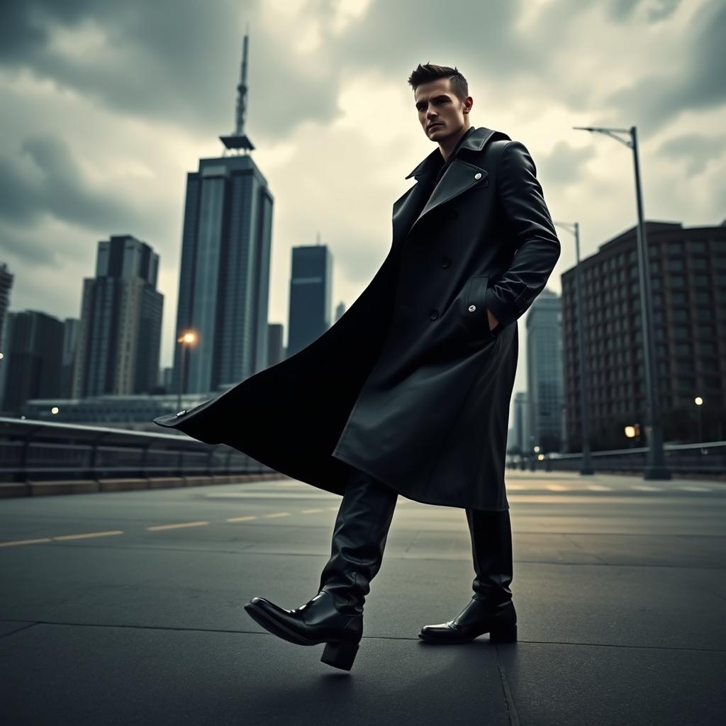 A stylish human male wearing sleek boots and a long, flowing trench coat, exuding an air of mystery and confidence