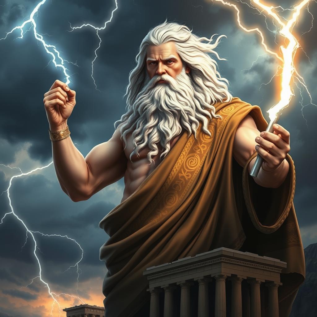 A dramatic representation of Zeus, the Greek god of thunder and sky, depicted with majestic features