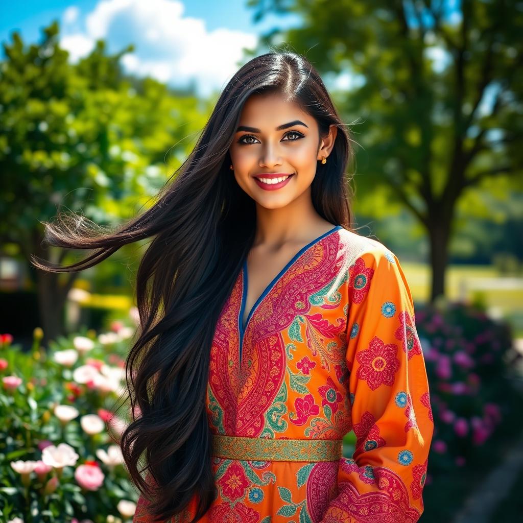 A young woman with long, flowing black hair and striking blue eyes, wearing a vibrant, traditional dress adorned with intricate patterns
