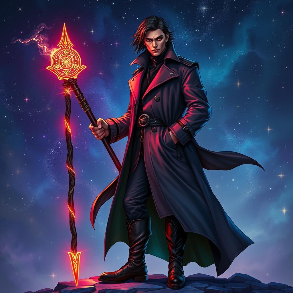 A mysterious human male warlock sorcerer stands confidently, wearing stylish boots and a long, flowing trench coat that billows slightly in an unseen breeze
