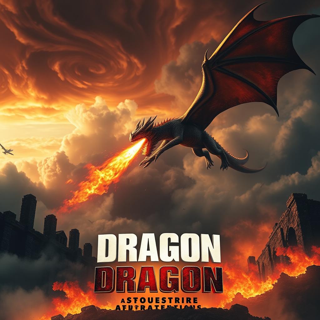 A striking movie poster featuring a massive fire-breathing dragon soaring through a dramatic sky filled with swirling clouds