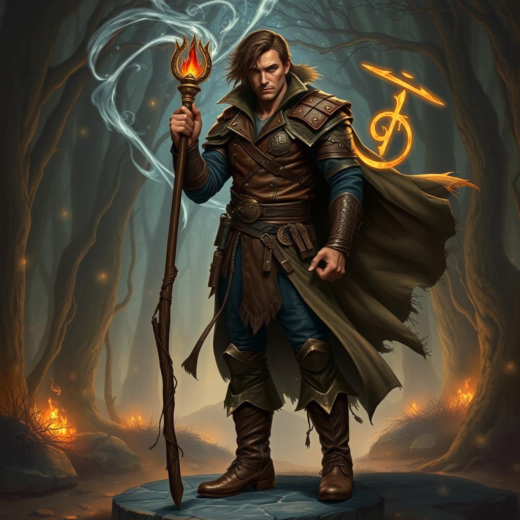 A human male sorcerer dressed in rugged leather armor with an intricate design, wearing sturdy boots and a flowing trench coat billowing in the wind