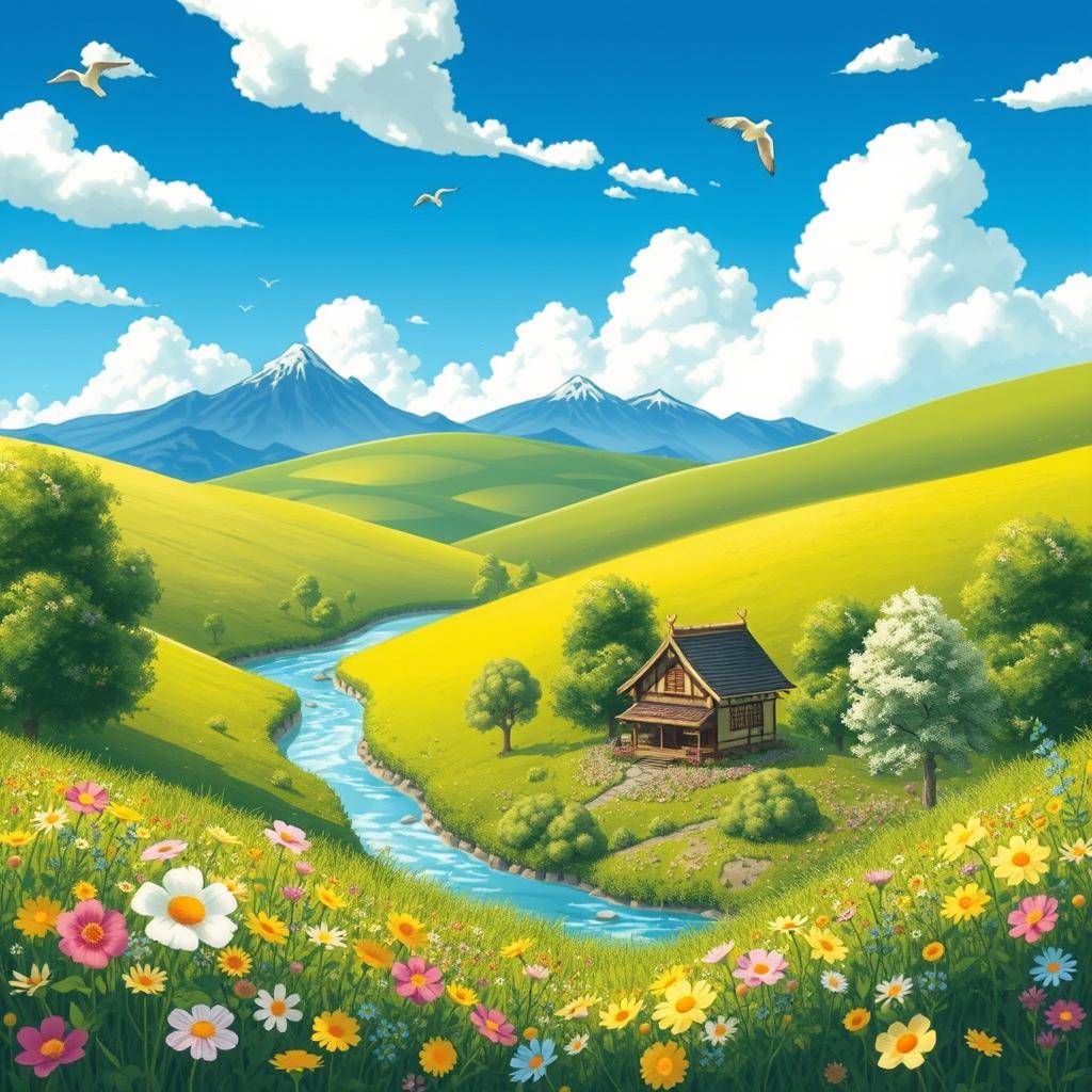 A whimsical landscape inspired by Studio Ghibli, featuring a lush green valley with rolling hills, a serene river flowing through the scene, and fluffy white clouds overhead