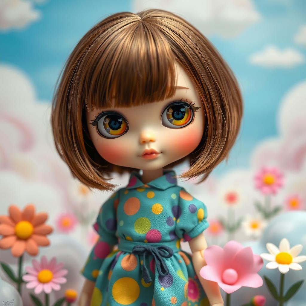 A customized Blythe doll with large expressive eyes, styled brown hair in a cute bob haircut, wearing a vibrant outfit with playful patterns that reflect a whimsical aesthetic