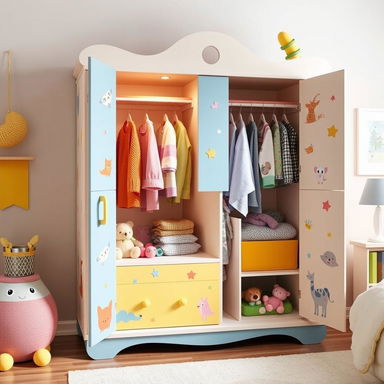A whimsical children's wardrobe designed with bright colors and imaginative patterns